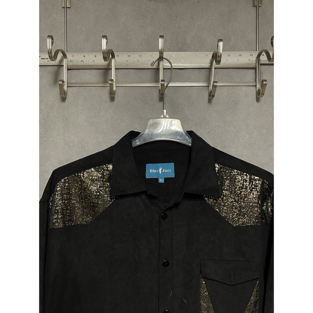 Blue Jazz Shirt Men 3XL Black Suede Button Up Gold Yokes Western Cowboy Casual